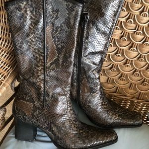 Mid calf snakeskin print on leather boots- size 8. By Nine West